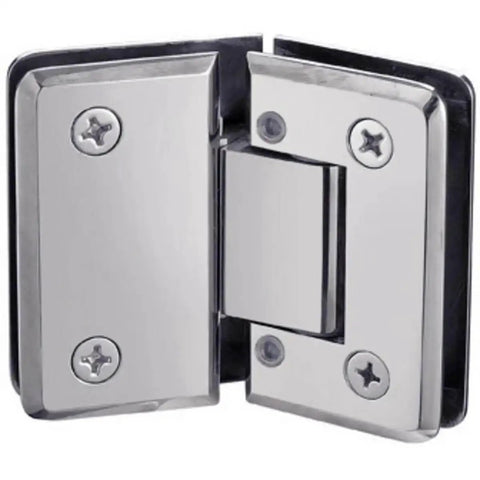 Heavy Duty Adjustable 135 Degree Glass To Glass Hinge For Three Eighths Inch Or One Half Inch Doors Up To Thirty Six Inches Wide Self Closing Within Twenty Five Degrees Polished Chrome Finish Built To Last No Fuss Door Hardware.