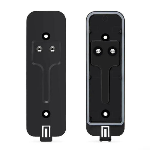 Black Doorbell Back Plate Replacement For Video Doorbell Mounting Systems Kit with hardware, showing front and rear views