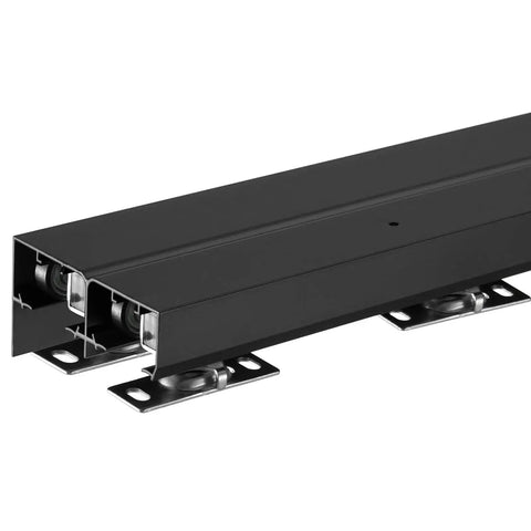 Heavy Duty Bypass Sliding Door Hardware Kit For Two Doors Four Foot Aluminum Alloy With Finger Pulls Closet Door Hardware Set Fits Doors From One And Three Eighths To One And Three Quarters Inches Thick Supports Up To One Hundred Fifty Pounds. Black aluminum sliding track with visible rollers for two-door setup. Close-up view.