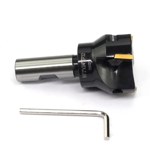 Indexable Carbide End Mill Workhorse With Three Quarter Inch Shank And Two Inch Cutting Diameter Ninety Degree Tool Three Flutes Three Piece Tin Coated Inserts TPCN32PDTR For High Speed Milling And Long Tool Life image showing tool and hex key