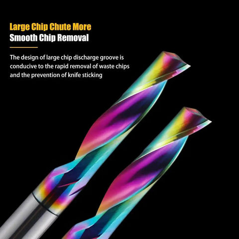 Close-up of DLC coated Boss Grade HOZLY 1/8-Inch Shank CNC Router Bits with 1/8-Inch Cutting Diameter, Solid Tungsten Carbide End Mills