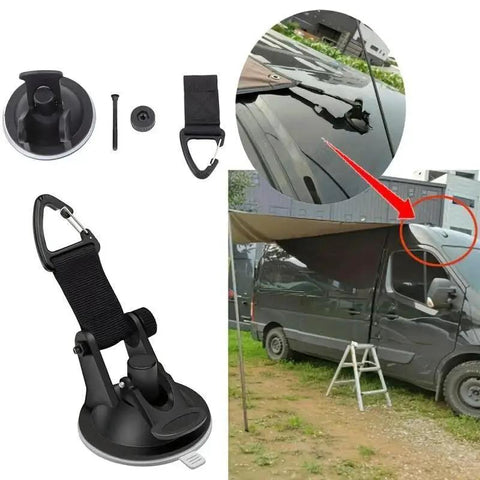 Universal Car Suction Cup Anchor With Securing Hook Reusable Heavy Duty Tie Down For Camping Tarp Car Side Awning Outdoor Motorhomes And Vans Accessories Scratch Free And Scratch Resistant No Drilling No Holes No Glue Easy Push And Attach shown installed on a van's awning.