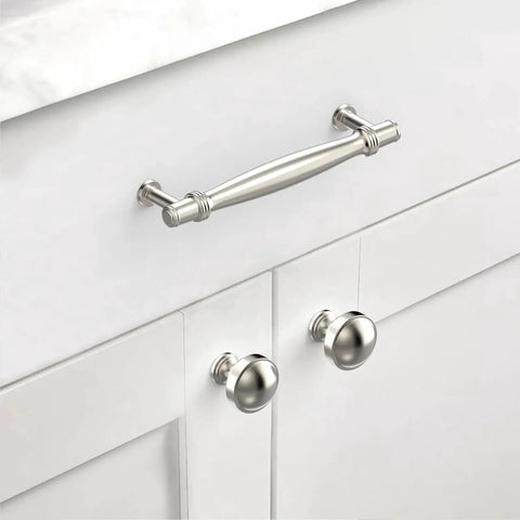 10 Pack 5 Inch Brushed Satin Nickel Cabinet Handles for Kitchen Cabinets and Drawers, Durable Cabinet Pulls installed on white cabinet