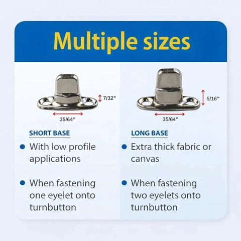 Multiple sizes of Rugged Marine Grade Twist Lock Fasteners For Canvas Projects, short and long base, with stainless screws and brass turn buttons.