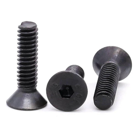 50 Pieces M5 X 30mm Flat Head Socket Cap Screws Black Oxide Finish 10.9 Grade Alloy Steel Full Thread Bolts displayed front and side