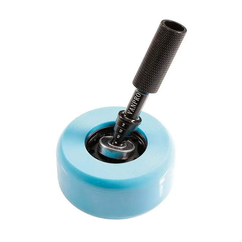 Aluminum Rc Skateboard Bearing Driver And Removal Tool Kit For Inner Diameters 2mm To 14mm on top of blue wheel