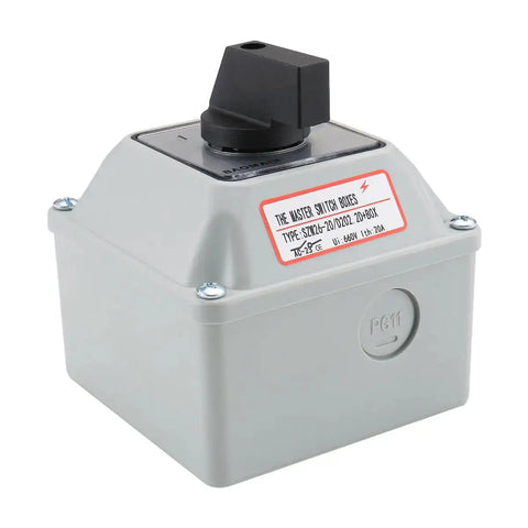 Universal Rotary Changeover Switch SZW26-20/D202.2D-W With Wider Master Exterior Box front view, showing control knob and label.