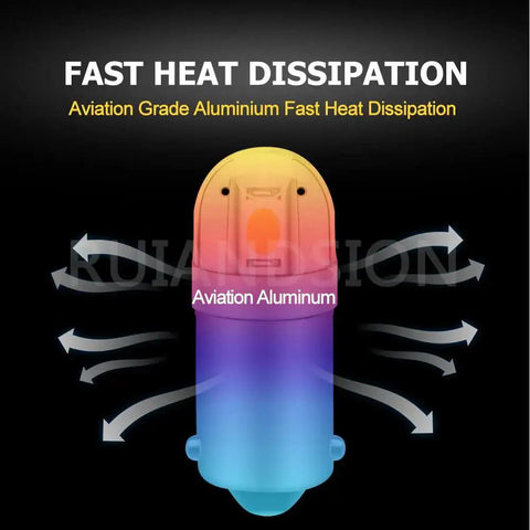 Illustration of 4 Pack 6V Warm White BA9S LED Bulbs highlighting aviation aluminum fast heat dissipation