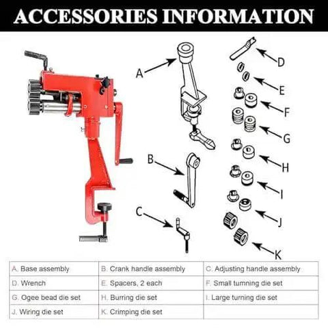 Diagram of 7 Inch Manual Sheet Metal Bead Roller With 6 Die Sets for edge beading, swaging, and component parts labeled A to K.
