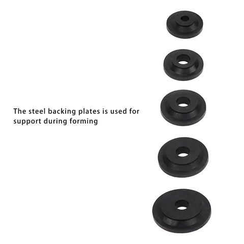 Pro Grade Sheet Metal Dimple Die Set High Strength Carbon Steel Flared Hole Dies with Backing Discs displayed in a row