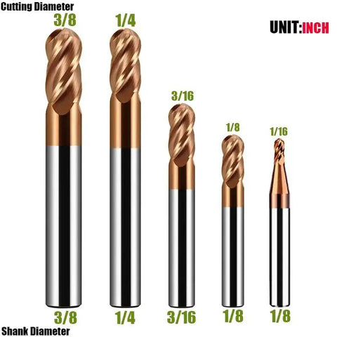 Front view of Premium Carbide Ball Nose End Mill Bits Set Five Piece Four Flutes TISIN Coated For Alloy Steels Hardened Steels