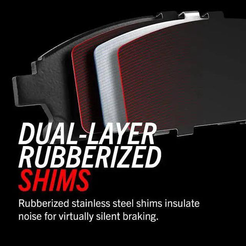 PowerStop front brake kit cross-section with dual-layer rubberized stainless steel shims and brake pads.