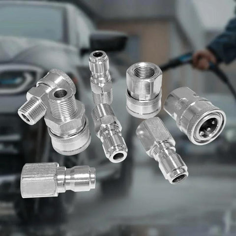 Eight Pieces 3/8 Inch Quick Connect Fittings For Pressure Washer Kit Built To Last Stainless Steel in front of a car