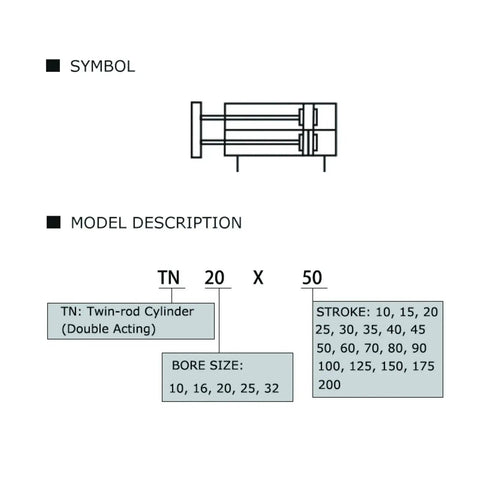 Side view schematic of aluminum twin-rod pneumatic cylinder, double-acting; bore sizes 10–32 mm, strokes 10–200 mm.
