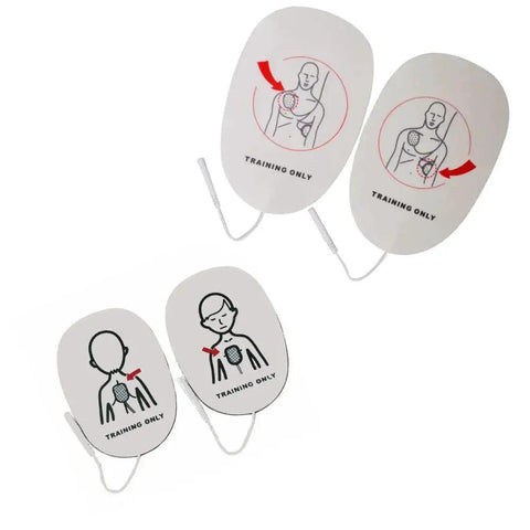 Four Pack AED Defibrillator Training Kit showing reusable adult and child pads for hands-on practice use only.