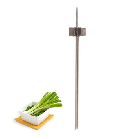 Multifunction Onion Cutter And Veggie Slicer With Ergonomic Stainless Steel Blade for slicing scallions, onions next to a vegetable bowl.