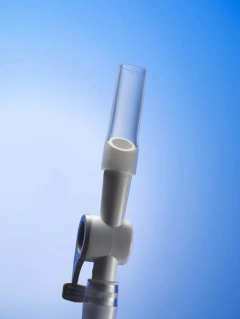 Close-up of Lifevv catheter valve with lever tap and tubing for urine drainage; white connector and clear tube on blue background