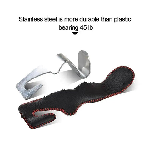 Universal Back Seat Headrest Hooks for Purses Bags Groceries Cloth shown in microfiber leather and stainless steel
