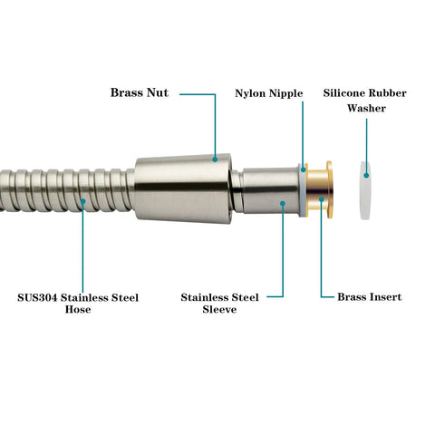 Bright Showers shower hose with SUS304 stainless steel hose, brushed nickel finish, brass insert
