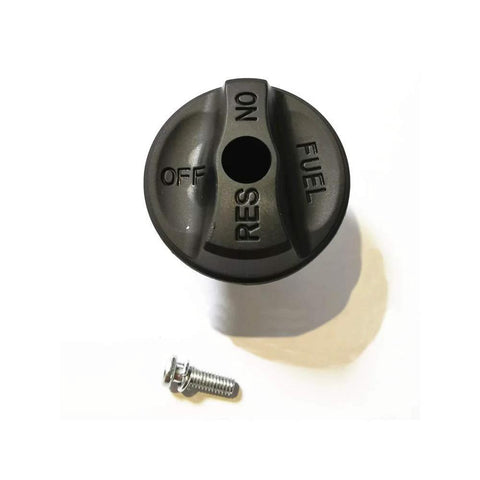 Arctic Cat fuel valve shut-off knob, black round knob with ON/OFF/FUEL markings, plus mounting screw (2 items)