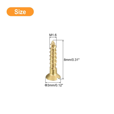 Brass Wood Screw with dimensions M1.6 x 8mm, slotted flat head, part of Brass Wood Screws 100 Pack M1.6 X 8mm Slotted Flat Head Self Tapping Countersunk For Woodworking And Furniture Projects Diy Home Improvement Durable Brass Construction Corrosion Resistant