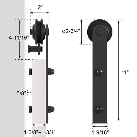 Close-up of Black Straight Design Sliding Barn Door Hardware Kit for Single Wood Door, roller and track dimensions shown