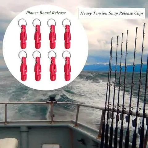Eight Pack Heavy Tension Snap Weight Trolling Release Clips on a boat, ideal for planer boards and offshore fishing gear.