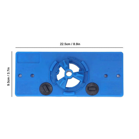 35mm Hinge Hole Saw Jig Drill Guide Set For Woodworking And Door Hardware Installations Adjustable Depth Stop From 15mm To 45mm ABS Plastic Locator Guide For DIYers And Pros Precise Punching And Boring Blue with measurements shown 22.5cm by 9.5cm