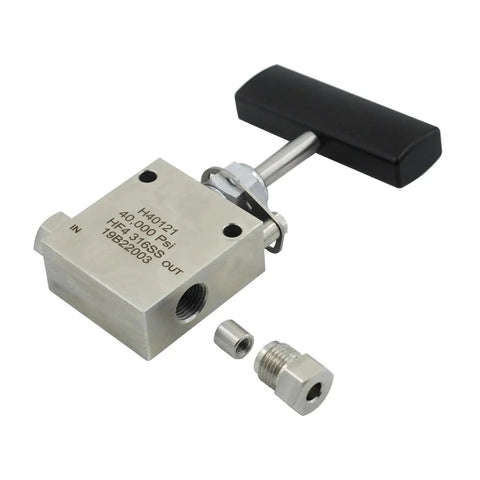 Ultra High Pressure SS316 Hand Operated Needle Valve For Gas And Water, 60,000 PSI, 6/19 Inch Size, Model HS60142 with handle and fittings