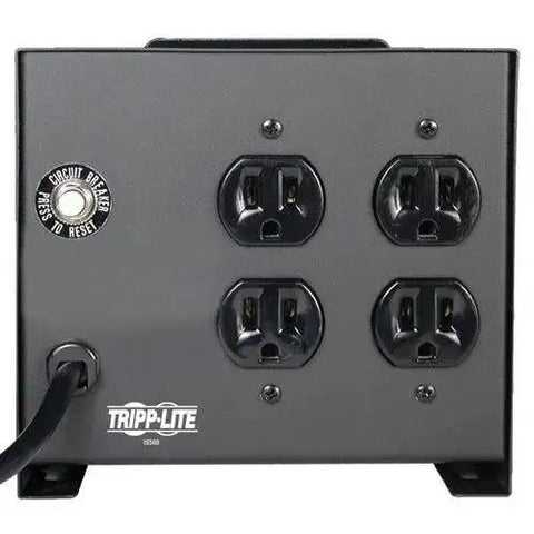 Back view of Isolation Transformer Power Conditioner For Home Theater Gear And Electronics, 500W 120V, with 4 outlets and cord, Tripp Lite brand.