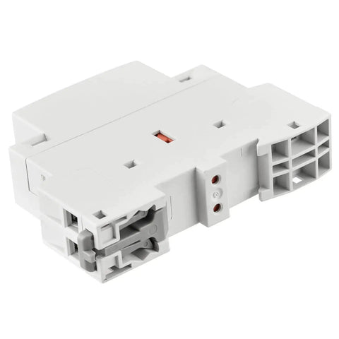 Close-up of Household AC Contactor HSR1-16 16A 2 Pole 2NC with 24V DC Coil and 35mm DIN Rail Mount, showing terminal connections.