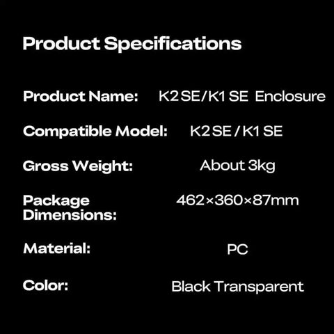 Product specifications for Dustproof 3D Printer Enclosure For K1 SE And K2 SE, including dimensions and material details.