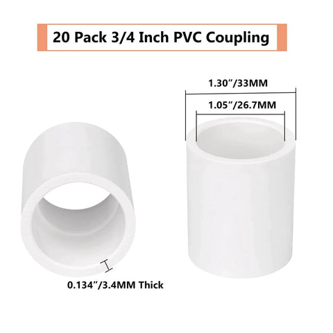 Twenty Pack Three Quarters Inch PVC Pipe Couplings Socket To Socket Heavy Duty Schedule 40 PVC Slip Socket Connectors image