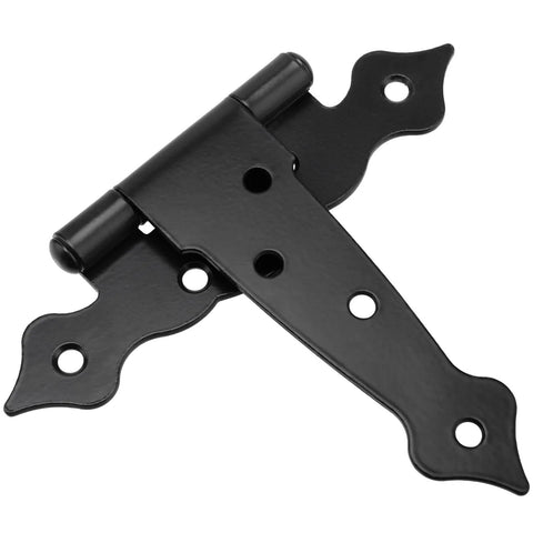 Six Pack 5 Inch T Shape Strap Hinges With Screws, classic black decorative gate hinges for fences, windows, sheds, and doors, heavy iron construction.