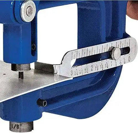 Heavy Duty Hand Punch Kit for Sheet Metal showing adjustable throat and work stop, designed for 16 to 22 gauge steel use.