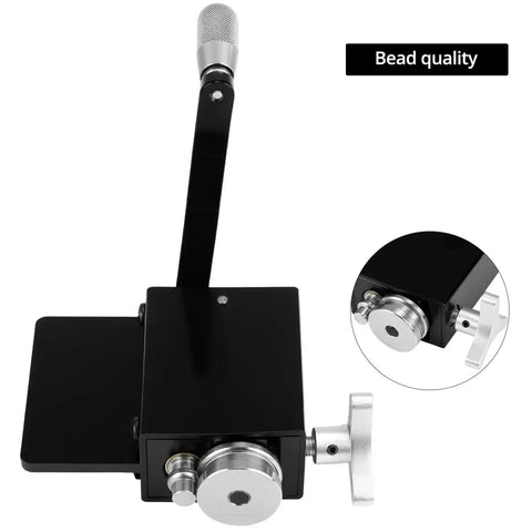 Bead Roller Tool For 5/8 Inch Tubing And Larger, black main unit with handle and close-up of roller gears