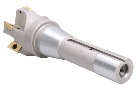 Indexable End Mill With 2 Inch Diameter And Six And One Eighth Inch Overall Length, 90 Degree Right Hand Cut, R8 Shank, 5 APKT1604 Carbide Inserts Tin Coated, No Coolant Through, Pro Grade Metalworking Tool By Accusize Industrial Tools