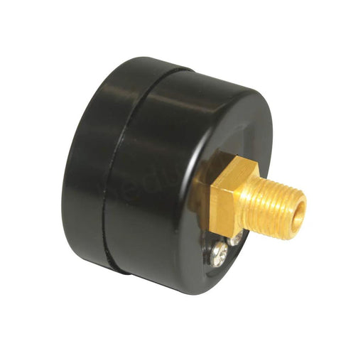 Black cylindrical air pressure gauge adapter with brass 1/8 in NPT male thread.
