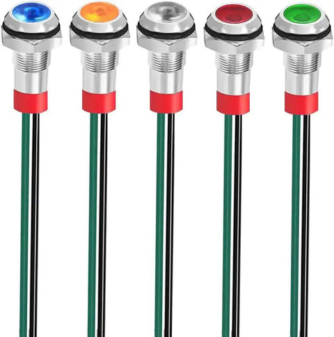 Ten Pack 220V LED Indicator Lights Waterproof Signal Lamps with 15 cm Wire in Red, Yellow, Blue, Green, White for Dash Panels