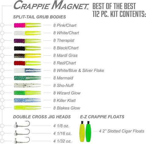 Crappie Magnet Best Of The Best Kit For Crappie Fishing With 96 Bodies, 15 Double Cross Jig Heads, And 4 EZ Floats contents list