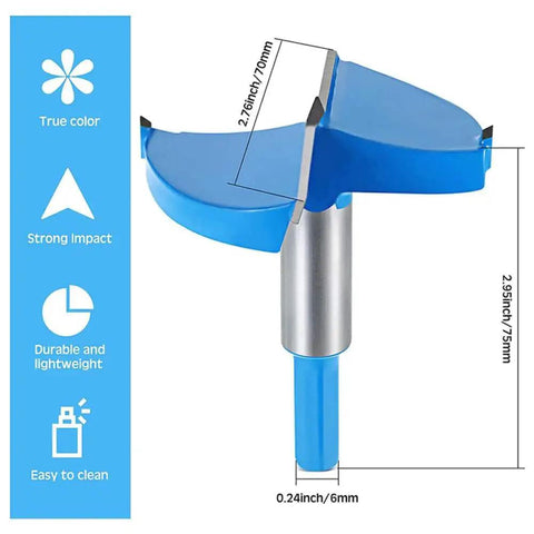 All Purpose Woodworking Drill Bit Set With 40 To 100 Mm Hole Saw And 48 Mm Hex Handle For Hinge Holes Drawer Hardware Wood Plywood And Plastic Fits Handheld Drills And Impact Drivers Real Workhorse Heavy Duty Durable Construction, close-up of blue drill bit with measurements showing size and features.