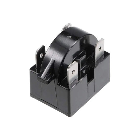 Refrigerator Start Relay 22 Ohm 4 Pin One Half HP 375W With Thermal Overload Protector, black plug-and-play module, front view