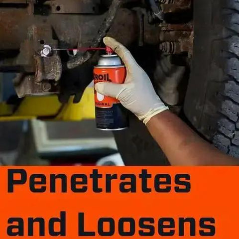 Silicone Enhanced Rust Penetrant For Frozen Metal Parts, Penetrating Lubricant Aerosol being sprayed on vehicle suspension