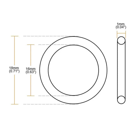 Diagram of Nitrile Rubber O Rings 18x16x1 Mm Buna N Sealing Gasket, showing dimensions and cross-section on white background.