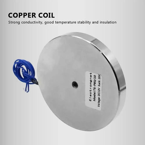 12V Round Lifting Electromagnet 200N Peak Force 80x10mm With 24cm Lead, front view showing copper coil and label details.