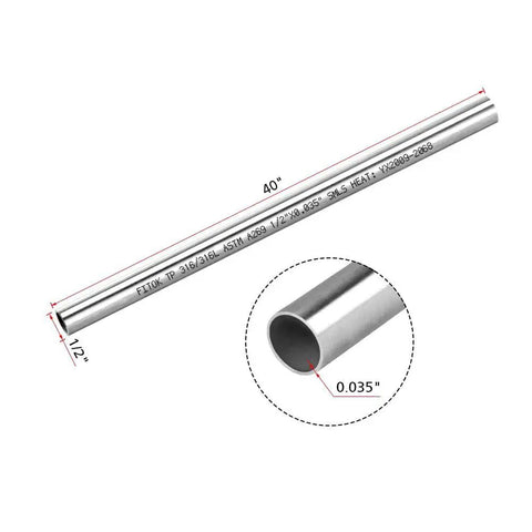 Premium 316/316L Stainless Steel Seamless Tubing 1/2 Inch OD by 0.035 Inch Wall, 40 Inch Length