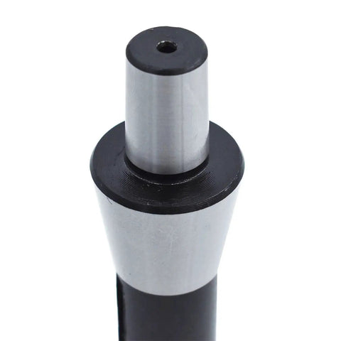 R8 shank drill chuck arbor adapter with JT6 taper, metal silver shaft and black collar, front view