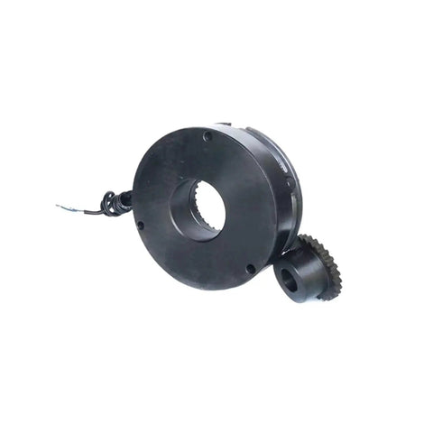 Front view of DHD2-50 electromagnetic brake for stepper motor, black housing with central bore and cogged coupling