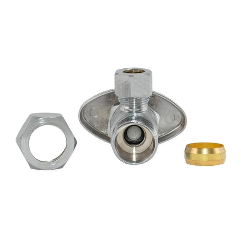 Front view of Multi-Turn Angled Stop Valve Three-Eighths Inch OD To Five-Eighths Inch OD Compression Brass Chrome Plumbing Fitting For Home Fixtures With Leakproof Teflon Seals Eastman