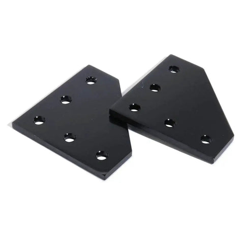 Two anodized black Ten Pack 60x60x4mm L Shaped Corner Bracket Plate For 20x20mm Aluminum Extrusion 5 Hole 90 Degree Outside Joining Plates